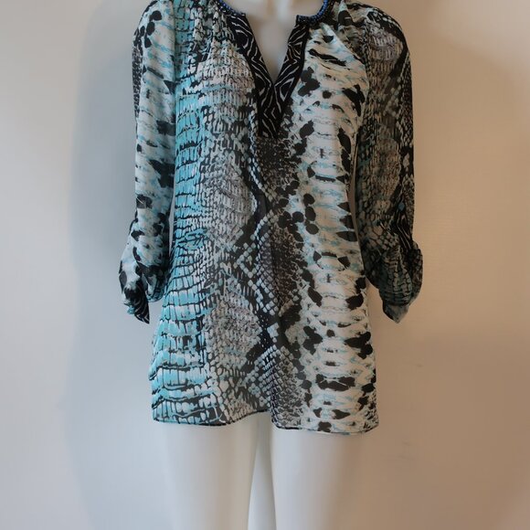 Womens Hale Bob Turq, Black Beaded Trim Print Swim Coverup Tunic XS - Picture 3 of 9